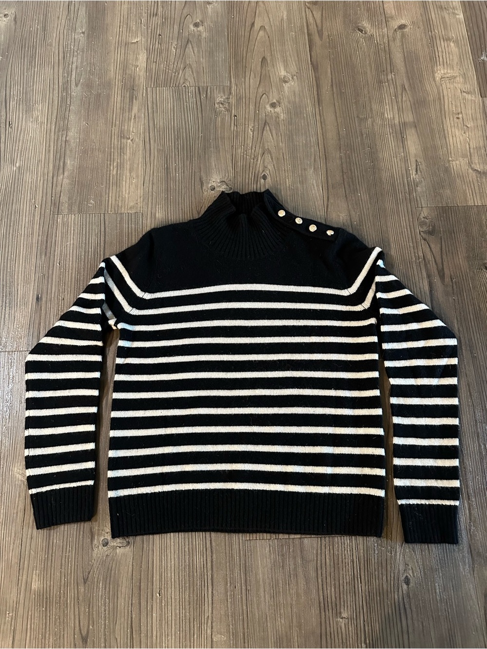 Maje Black and White Striped Turtleneck Sweater with Shoulder Buttons